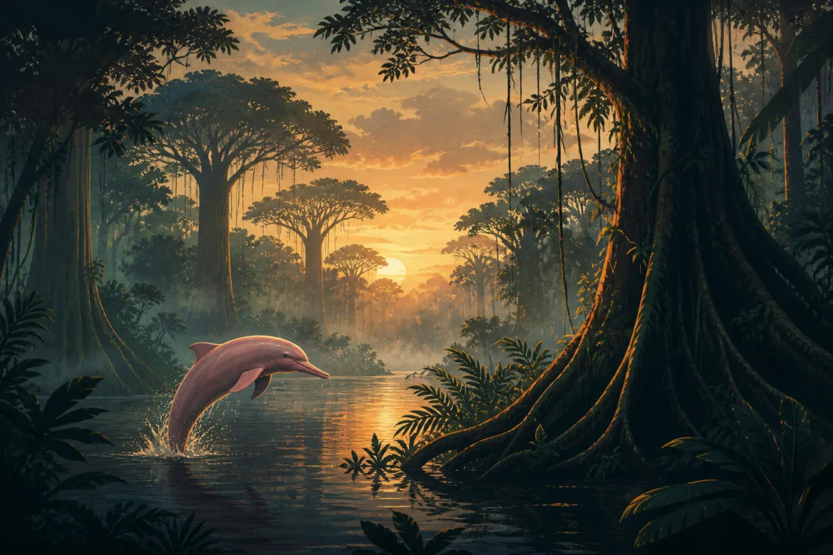 Ilustração da floresta amazônica com arara, boto-cor-de-rosa e onça-pintada entre árvores e rio