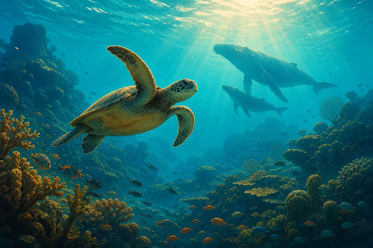 Ilustração da vida marinha brasileira com baleia-jubarte, tartaruga e peixes de recife