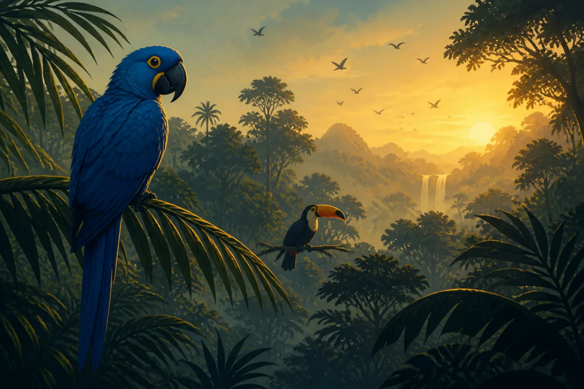 Ilustração de aves brasileiras com arara-azul, tucano, ararajuba e bem-te-vi