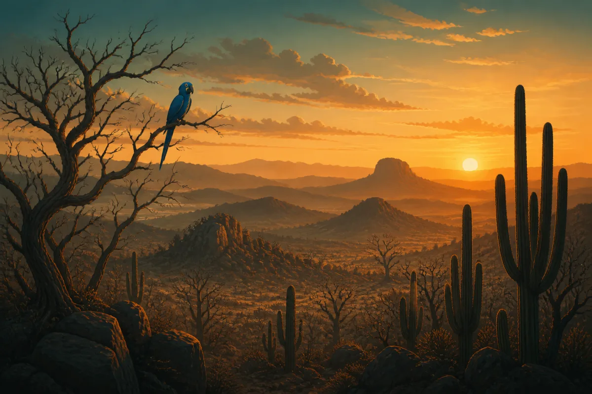 Ilustração da Caatinga com ararinha-azul, mocó e cactos sob luz de fim de tarde