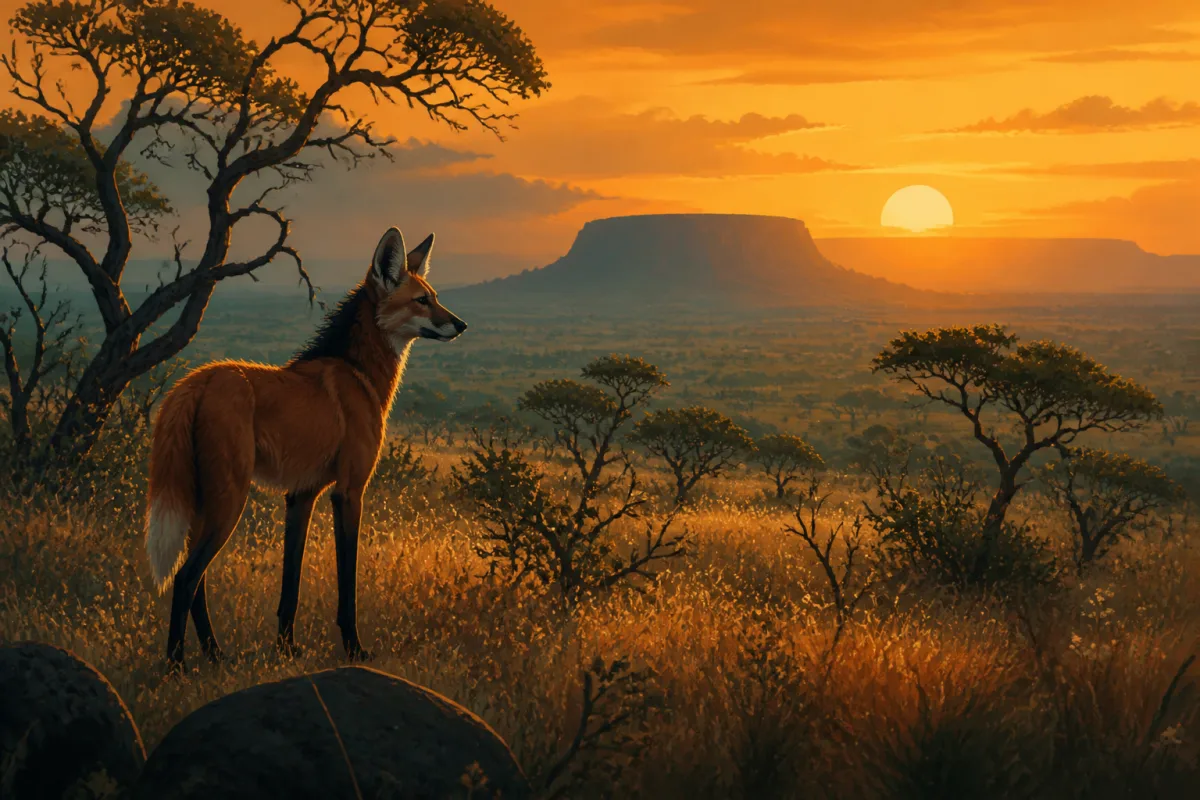 Ilustração do Cerrado com lobo-guará, tamanduá-bandeira e ema entre árvores retorcidas