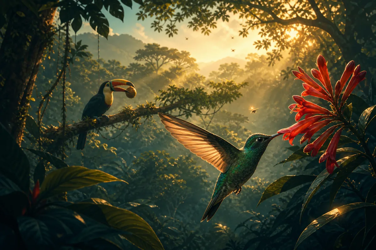 Ilustração mostrando animais brasileiros em seus habitats com alimentos característicos
