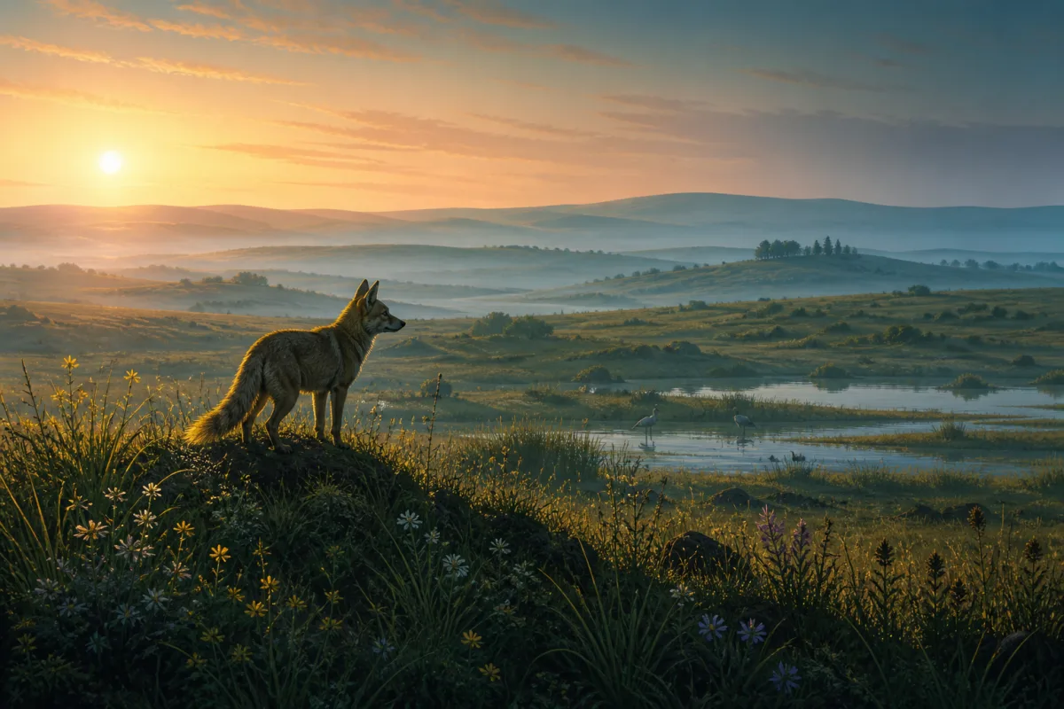 Ilustração do Pampa com graxaim, perdiz e campo de gramíneas sob céu amplo