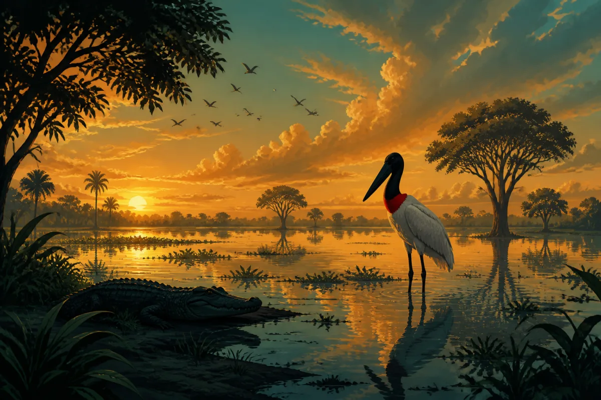 Ilustração do Pantanal com tuiuiú, jacaré e capivara em campo alagado ao amanhecer
