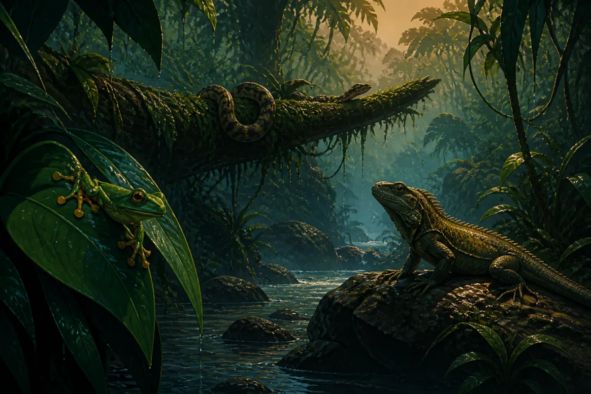 Ilustração de répteis e anfíbios brasileiros com jacaré, serpente, lagarto e perereca