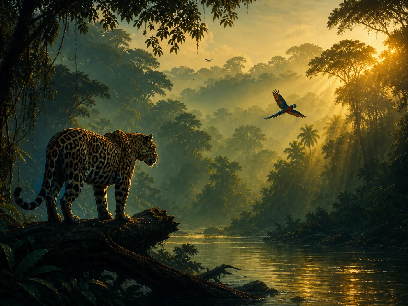 Composição ilustrada com onça-pintada, arara-azul, tamanduá-bandeira e boto-cor-de-rosa em ambiente de floresta brasileira